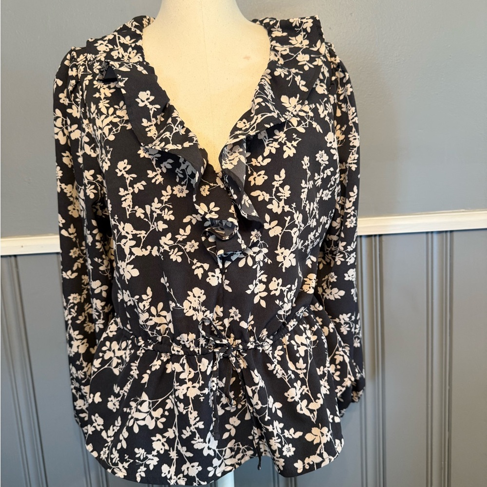 Old Navy Black and White Ruffled Peplum Blouse 3/4 Sleeve